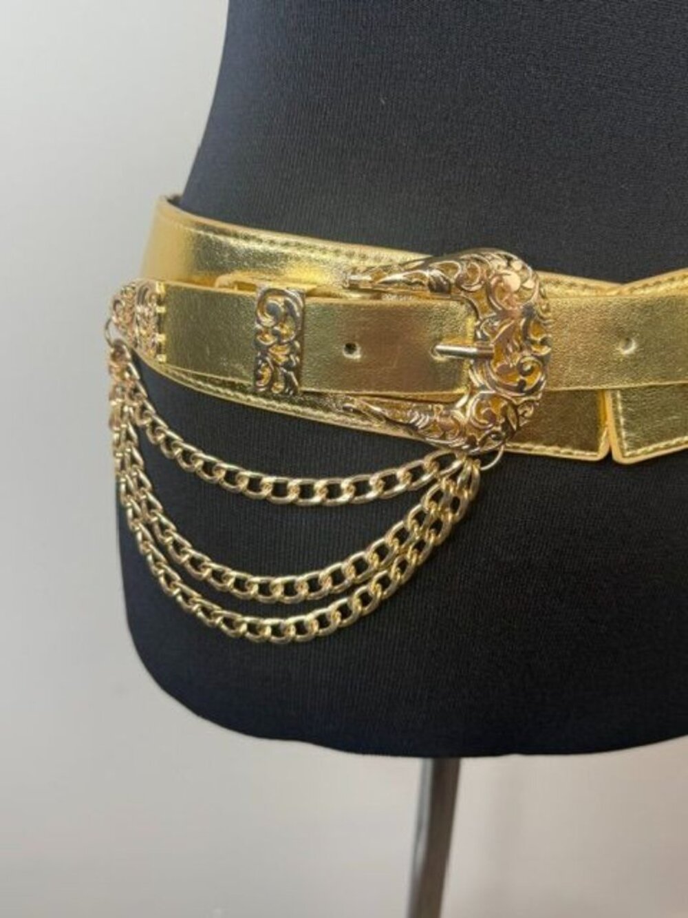Gold Metallic Double Buckle Stretch Back Waist Belt with 3 Chain Detail - Picture 2 of 7